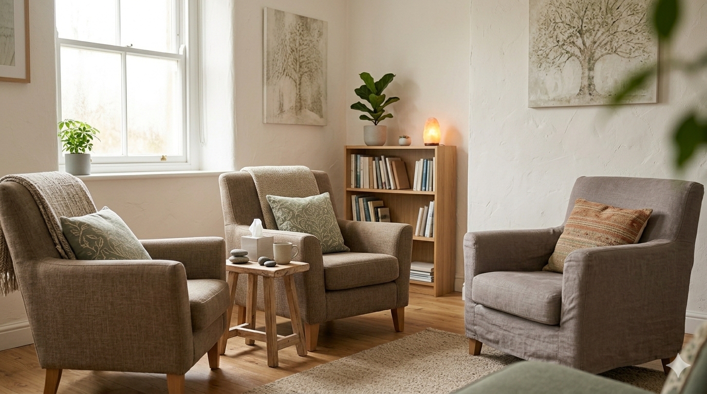 A comfortable chair in a softly lit therapy room.